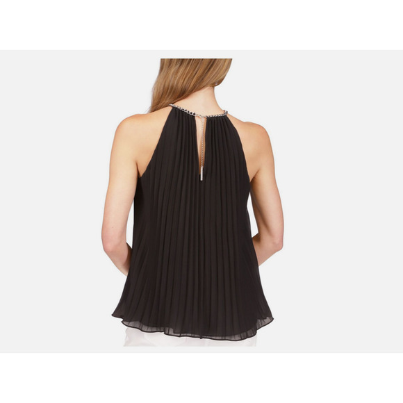 Michael Michael Kors Women Solid Pleated Chain Halter Top Black Size L - Picture 2 of 3
